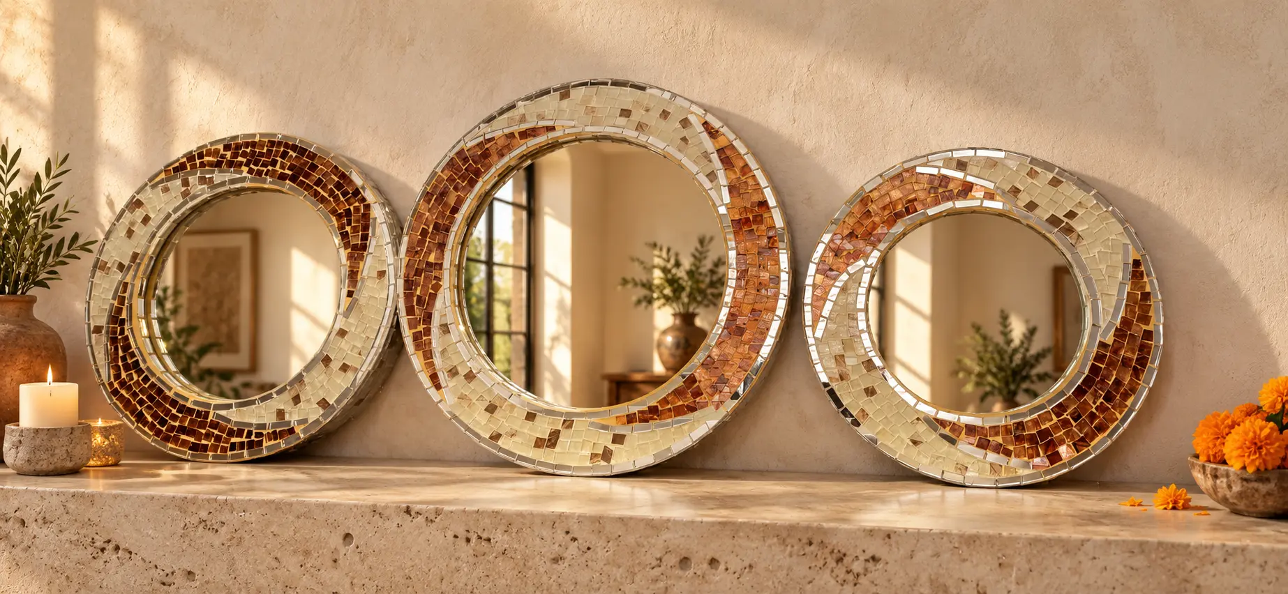 Premio de la Gran Rifa: juego de tres espejos decorativos en tonos dorado, crema y cobre